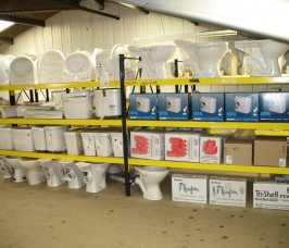 Toilets, Cisterns and Sanitary Ware stored on Stakapal Widespan Shelving Racking Typical household Sanitary ware stored on Stakapal Widespan Shelving Racking for hand loading and selection