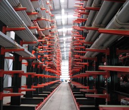 High Bay Guided Aisle Cantilever Racking Long Lengths of Steel Pipe and Tube stored on Stakapal High Bay Cantilever Racking