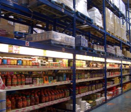 Food Retail Shelving in self selection area Food Retail warehouse with overhead Pallet Racking storage and lower level shelving