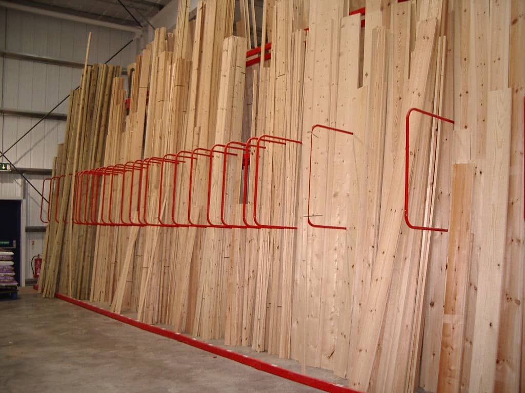 vertical timber racking stacked indoors