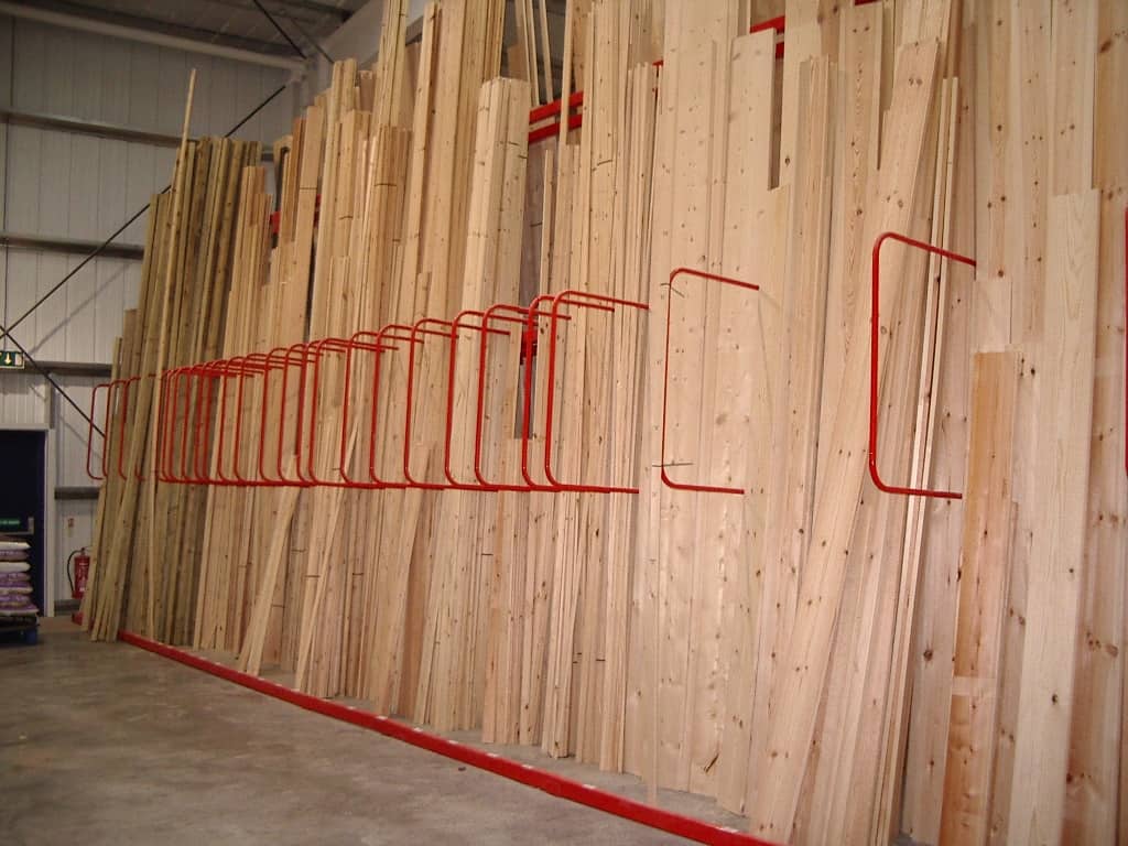 vertical timber racking stacked indoors