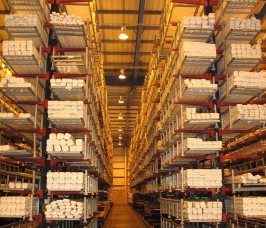 Stakapal High Bay Guided Aisle Cantilever Racking Long lengths of PVCu Profiles stored on Stakapal Cantilever Racking with additional End Stops