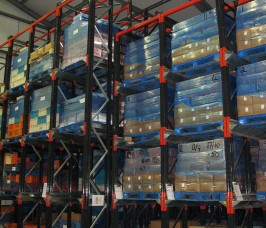 Drive - In Pallet Racking enables high density storage for the Distribution and Logistics sector Drive - In Pallet Racking stores Pallets within a block system with two blocks typically serviced by one operating aisle