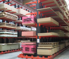 Guided Aisle Cantilever Racking provides high density storage capacity Cantilever Racking configured in a Guided Aisle format offers high density storage cpacity for Panel Products
