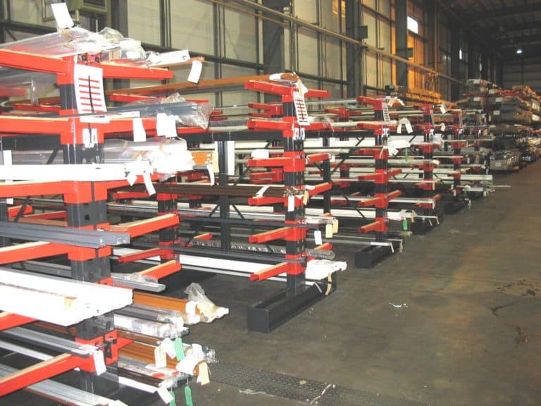 metal warehouse cantilever racking - red and black