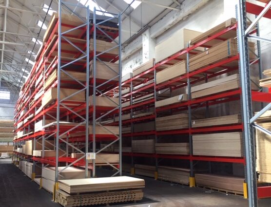 Pallet Racking for panel products equipped with Safety Barriers which has been manufactured, supplied and installed by Stakapal - the leading Manufacturer and supplier of heavy duty racking made bespoke to tailor the needs of their customers.