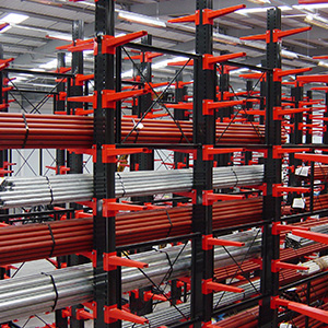 Stakapal's double sided Cantilever Racking also referred to as Christmas Tree Racking that has been optimised to store long steel tubes for the customer. The racking configuration is very tall to ensure the height of the warehouse has been utilised.